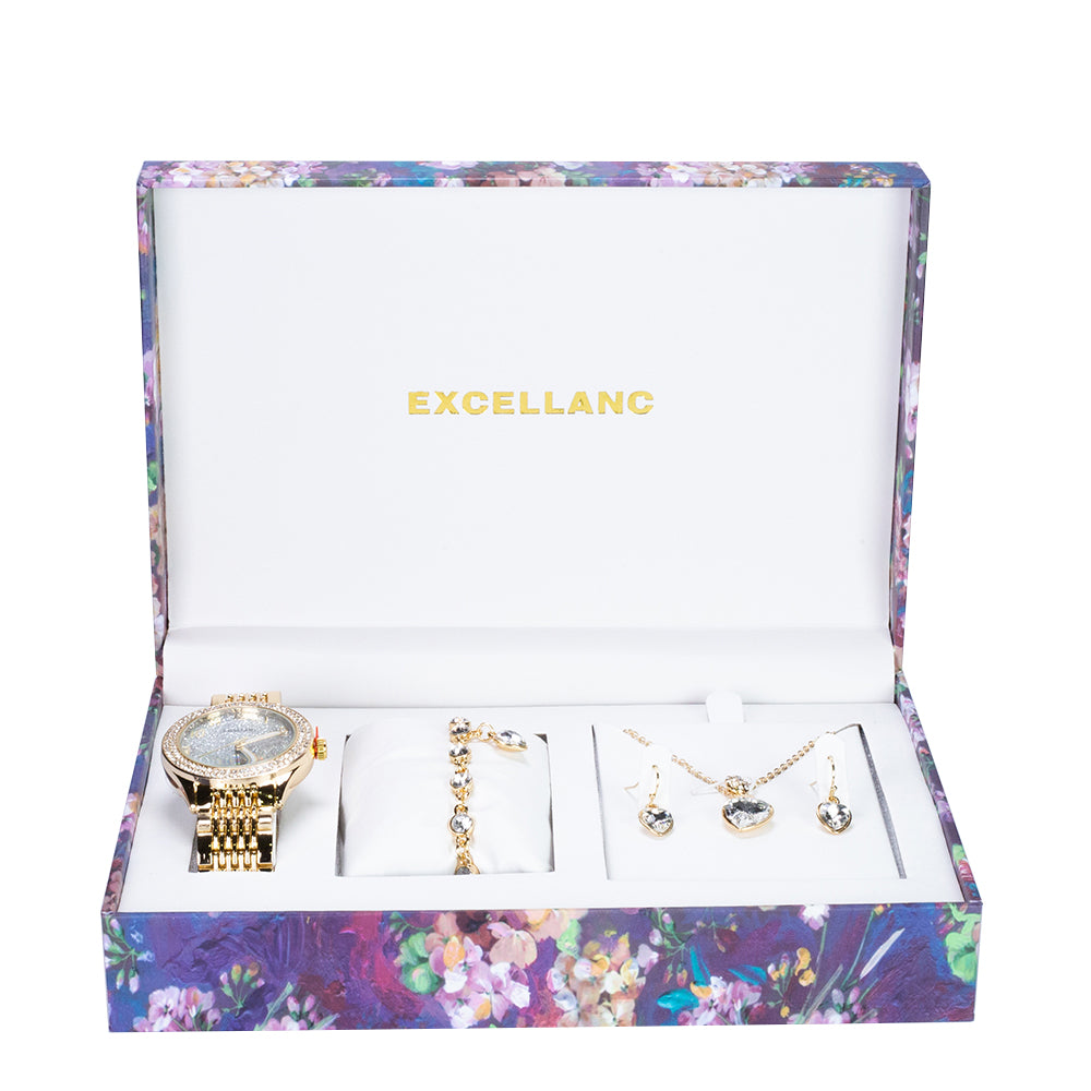 Conjunto de relógios de oferta da Excellanc para Mulheres com Pulseira e Colar com cristais Emporia brancos em forma de coração, tom de ouro
