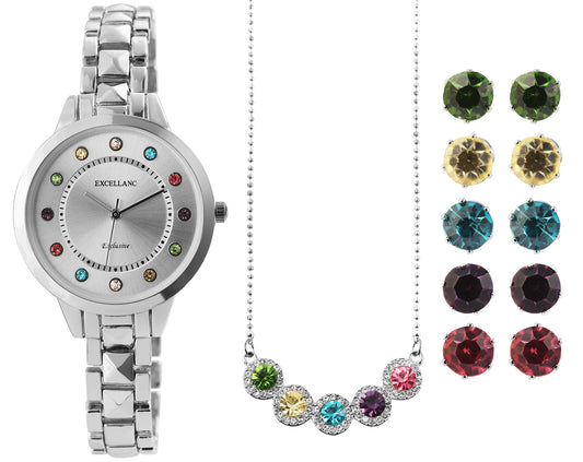 Conjunto de relógios Excellanc de presente para Mulheres com 5 pares de brincos e 1 colar com Cristais Multicolor Emporia, tom de prata