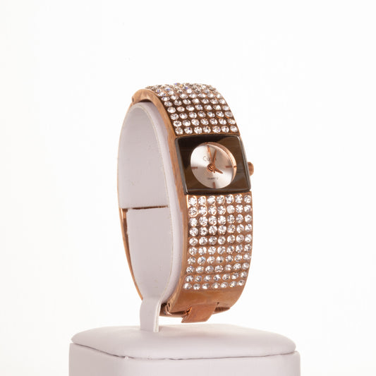 CUSSI Relógio feminino Banhado a liga de Ouro Rosa com 7 filas de cristais de quartzo