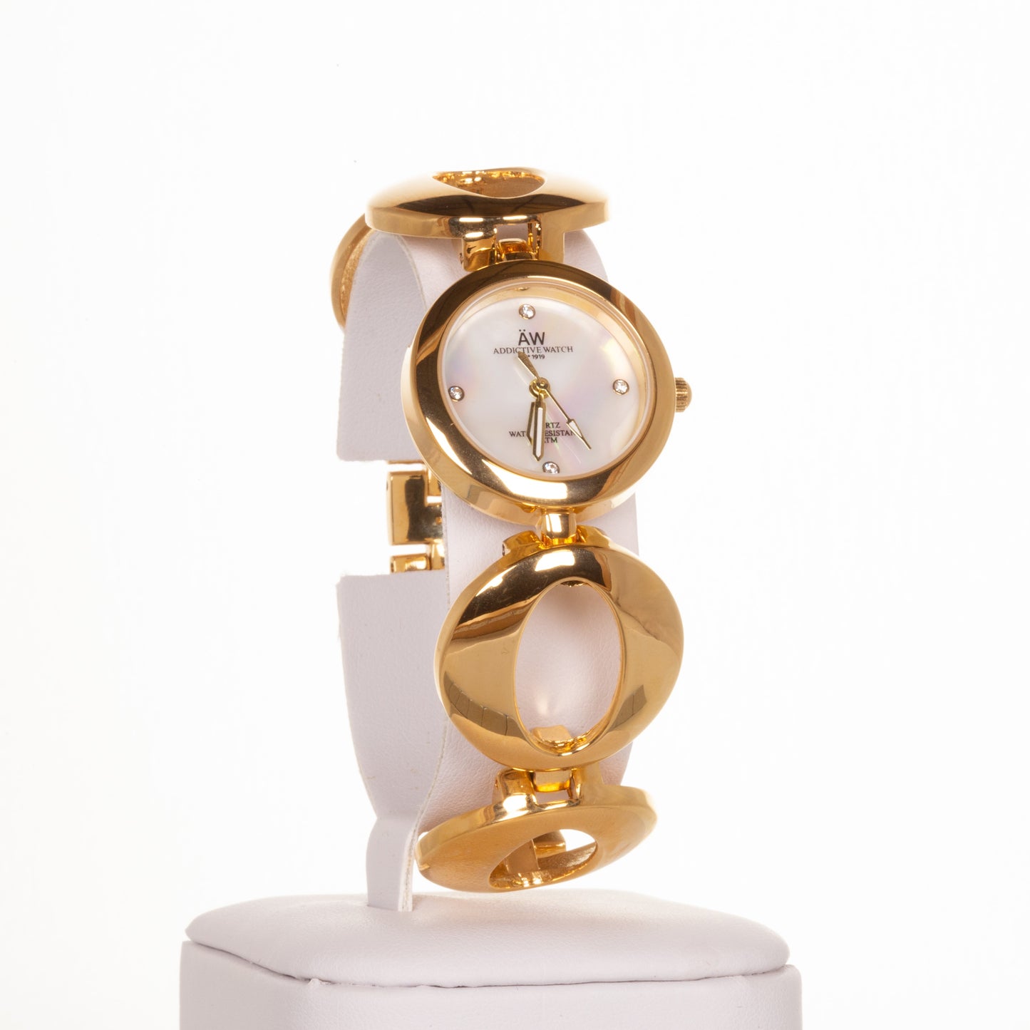 AW Relógio feminino Banhado a liga de Ouro Amarelo com pulseira de símbolo do Infinito e 4 cristais de quartzo