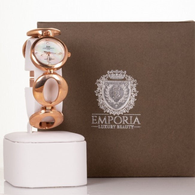 AW Relógio feminino Banhado a liga de Ouro Rosa com pulseira de símbolo do Infinito e 4 cristais de quartzo
