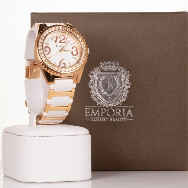 CUSSI Relógio feminino Banhado a liga de Ouro Rosa com pulseira dourada e branca e cristais de quartzo ao redor da esfera