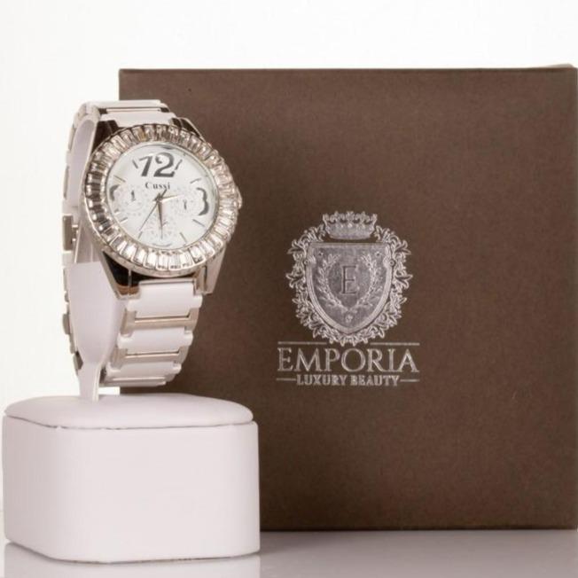 CUSSI Relógio feminino Banhado a liga de Ouro Branco com pulseira Branca e cristais de quartzo  à volta da esfera