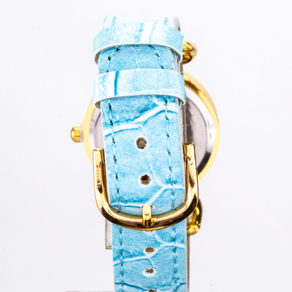 Conjunto de Relógio Feminino com 3 pulseiras intercambiáveis Azul claro, Azul escuro e Cor-de-rosa com Mostrador em Tom Dourado