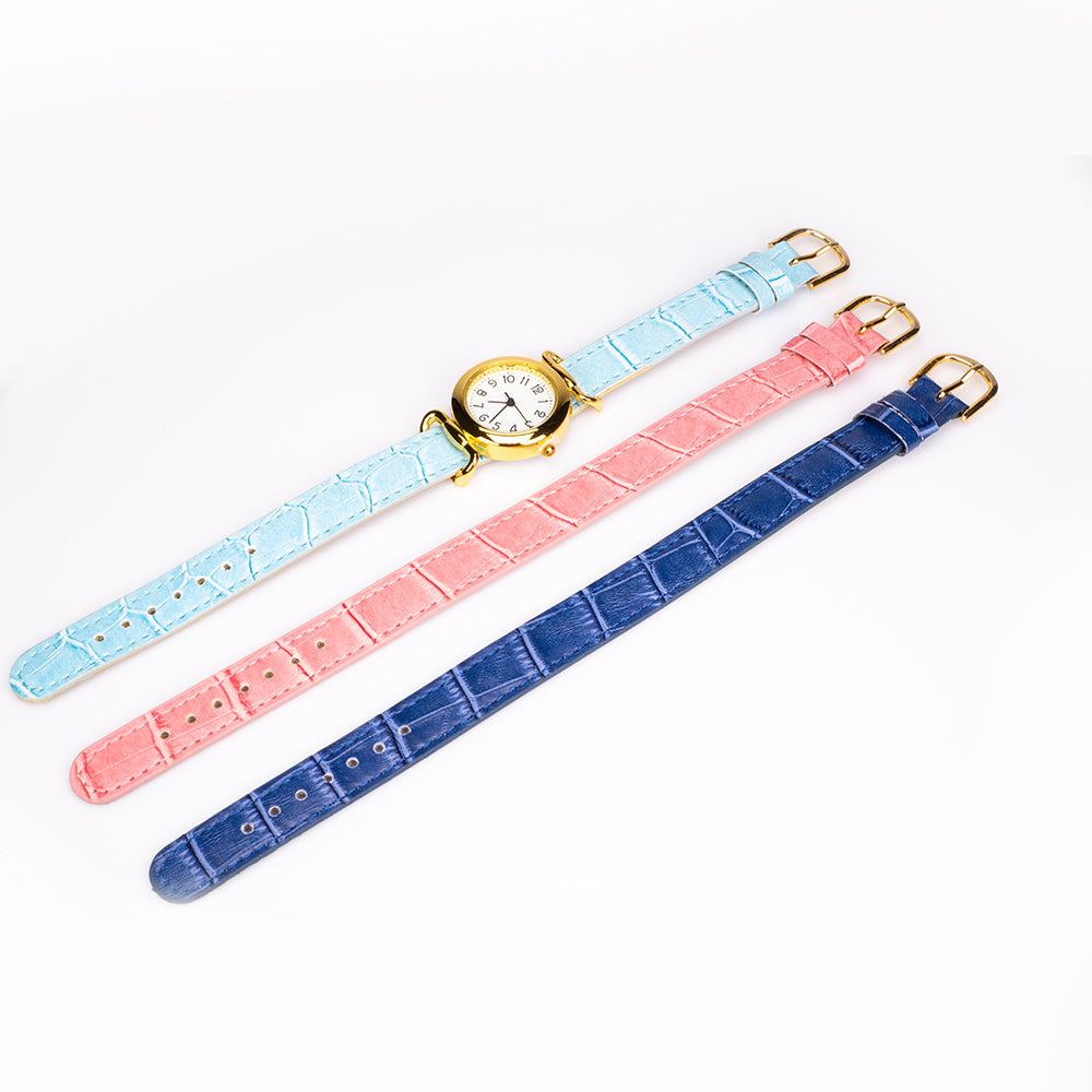 Conjunto de Relógio Feminino com 3 pulseiras intercambiáveis Azul claro, Azul escuro e Cor-de-rosa com Mostrador em Tom Dourado