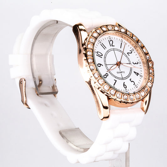 Relógio Feminino com Pulseira de Silicone Branca e Mostrador em Tom Dourado Rosa