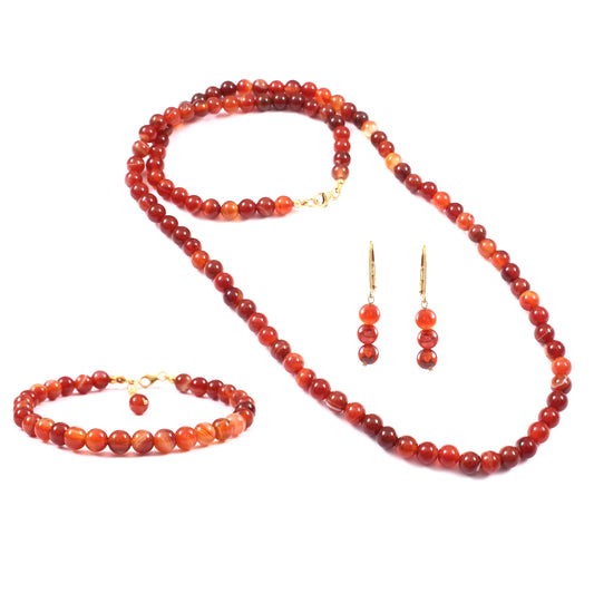 Conjunto de Prata com Banho de Ouro com Ágata Vermelha ( Colar+Brincos+Pulseira )