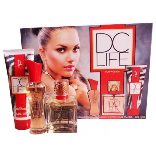 CONJUNTO de 100 ml + 30 ml EDT DC LIFE Fragrância Doce Floral Frutada para Mulher + 100 m Loção Corporal
