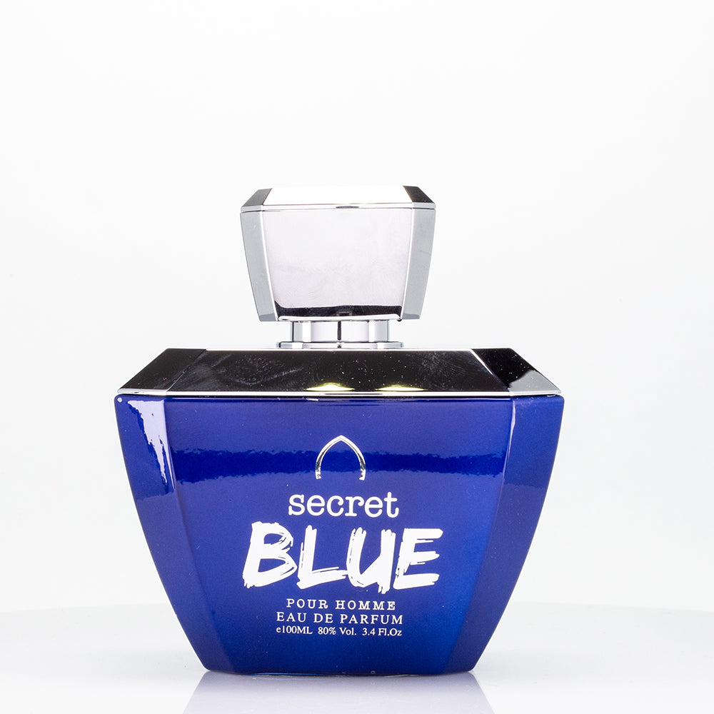 100 ml Eau de Parfum SECRET BLUE, Fragrância Picante Frutada Almiscarda para Homem