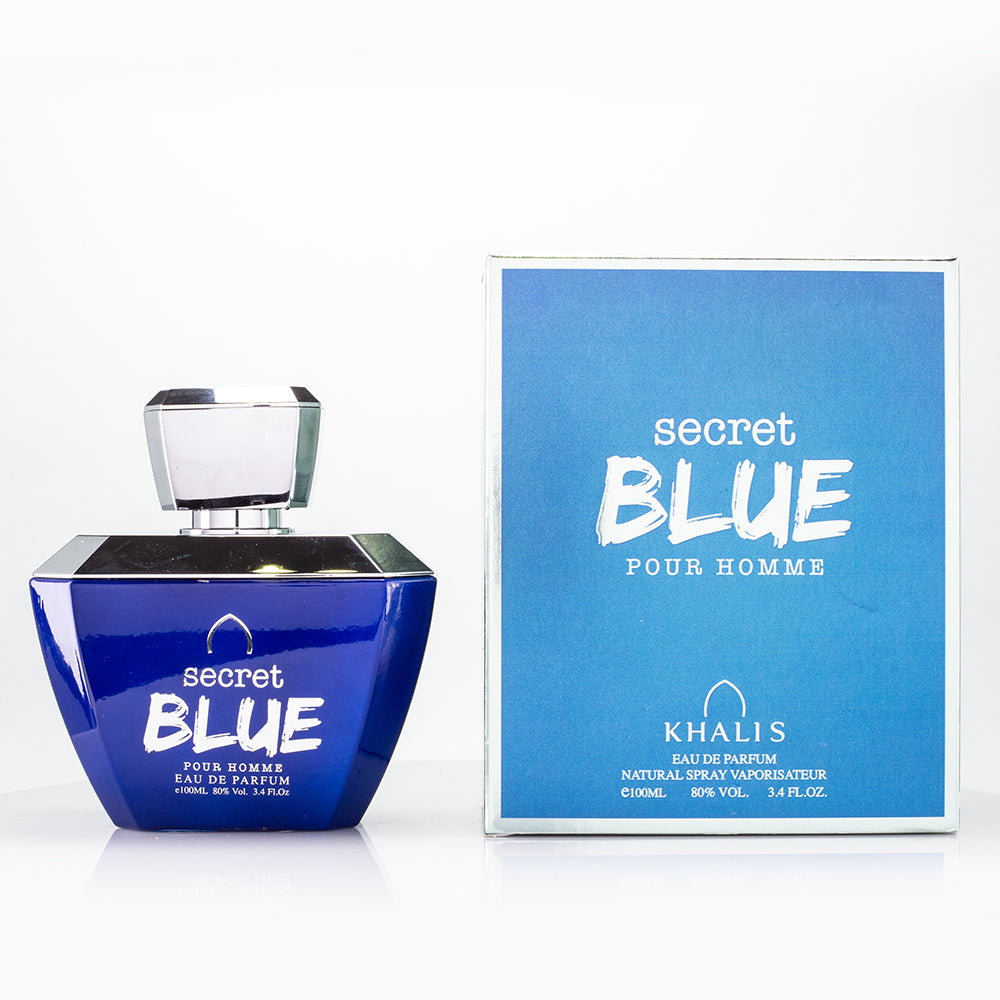 100 ml Eau de Parfum SECRET BLUE, Fragrância Picante Frutada Almiscarda para Homem