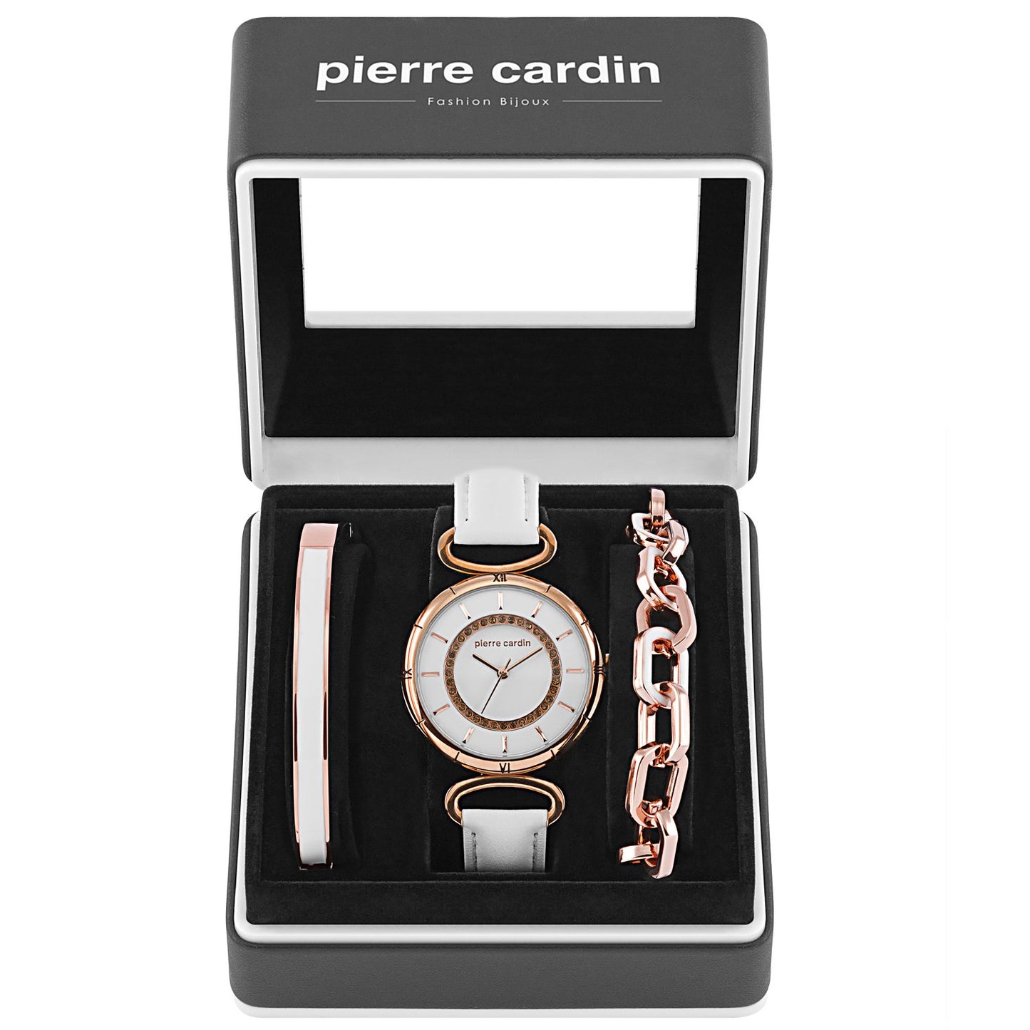 Conjunto Pierre Cardin de 3 peças composto por um relógio e duas pulseiras