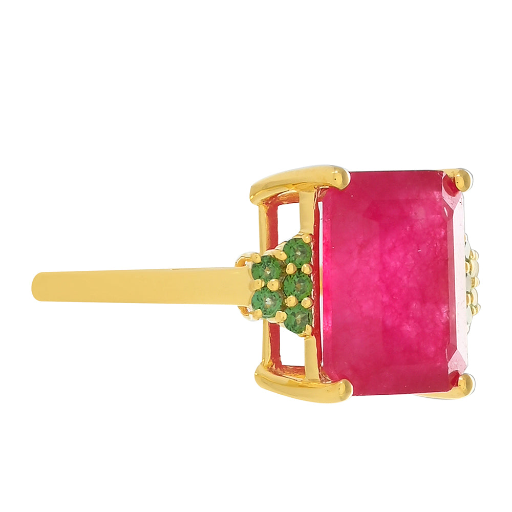 Anel de Prata com Banho de Ouro com Quartzo Rosa e Topázio Verde Samambaia