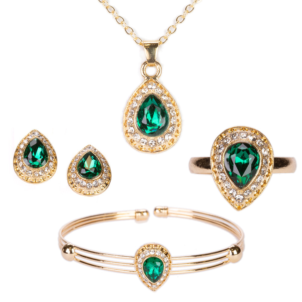 Conjunto de Liga de Ouro com Cristal Emporia® Verde ( Colar+Brincos+Pulseira+Anel+Pendente ) 1 