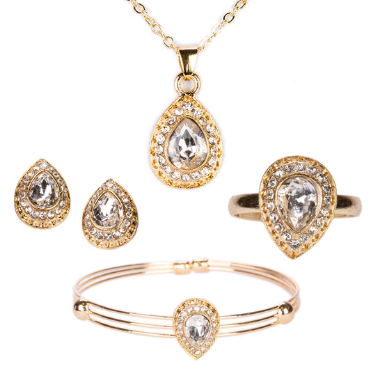 Conjunto de Liga de Ouro com Cristal Emporia® Branco ( Colar+Brincos+Pulseira+Anel+Pendente )