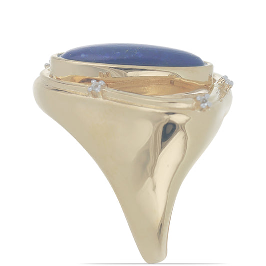 Anel de Prata com Banho de Ouro com Lapis Lazuli de Badaquexão e Topázio Branco  Contraste: Cabeca de Veado (800)