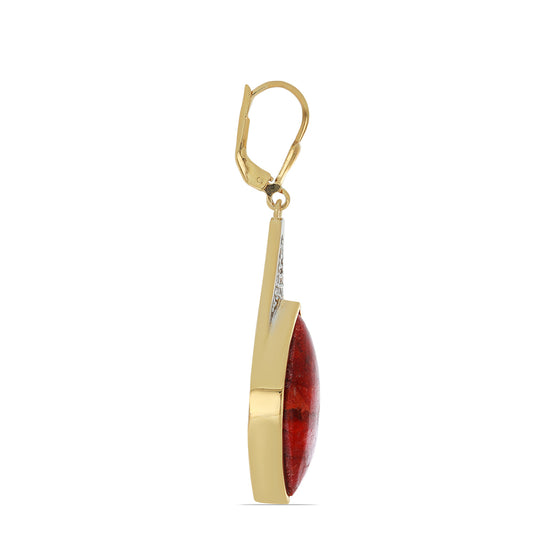 Brincos de Prata com Banho de Ouro com Coral Esponja Vermelha e Topázio Branco  Contraste: Cabeca de Veado (800)