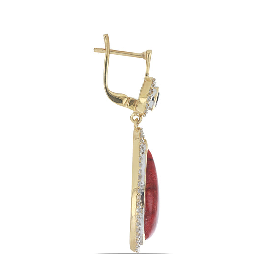 Brincos de Prata com Banho de Ouro com Coral Esponja Vermelha e Granada de Barton  Contraste: Cabeca de Veado (800)
