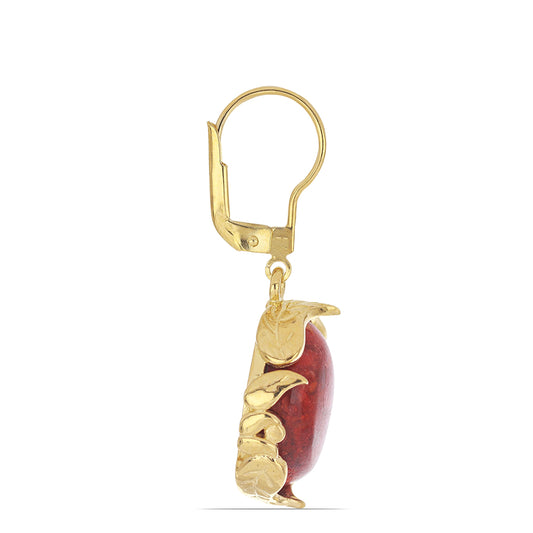 Brincos de Prata com Banho de Ouro com Coral Esponja Vermelha  Contraste: Cabeca de Veado (800)