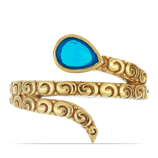 Anel de Prata com Banho de Ouro com Opala Azul de Lega Dembi da Etiópia  Contraste: Cabeca de Veado (800)