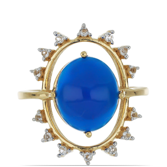 Anel de Prata com Banho de Ouro com Opala Azul de Lega Dembi da Etiópia e Topázio Branco  Contraste: Cabeca de Veado (800)