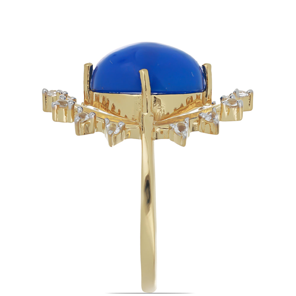 Anel de Prata com Banho de Ouro com Opala Azul de Lega Dembi da Etiópia e Topázio Branco  Contraste: Cabeca de Veado (800)
