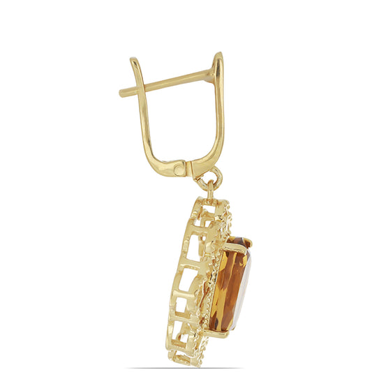 Brincos de Prata com Banho de Ouro com Quartzo cor de Cognac  Contraste: Cabeca de Veado (800)