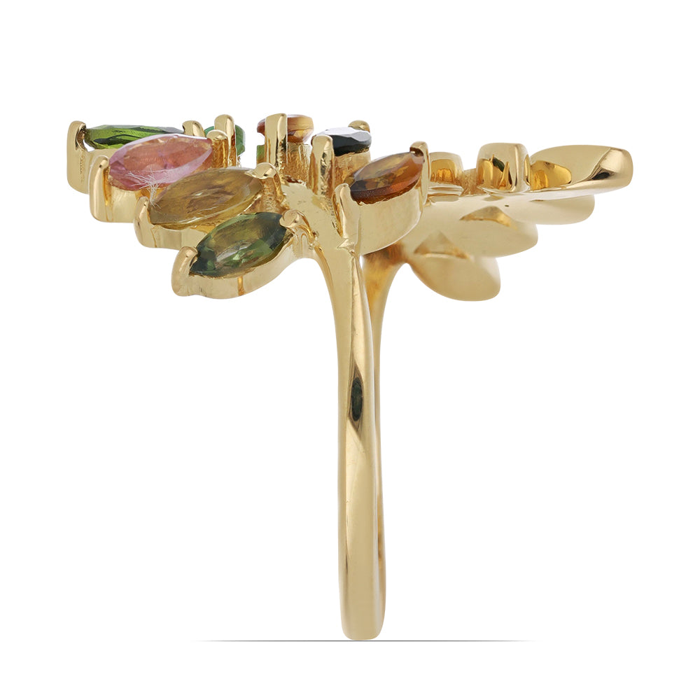 Anel de Prata com Banho de Ouro com Turmalina Arco-íris de Pelmadulla  Contraste: Cabeca de Veado (800)