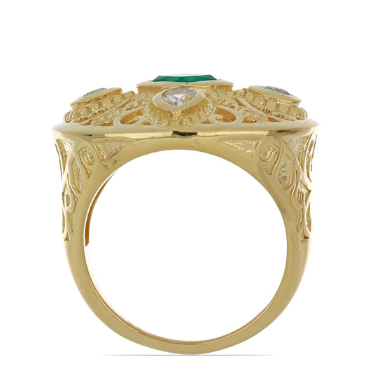 Anel de Prata com Banho de Ouro com Ágata Verde e Topázio Branco  Contraste: Cabeca de Veado (800)