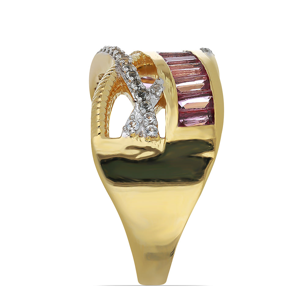 Anel de Prata com Banho de Ouro com Topázio cor-de-rosa e Topázio Branco  Contraste: Cabeca de Veado (800)