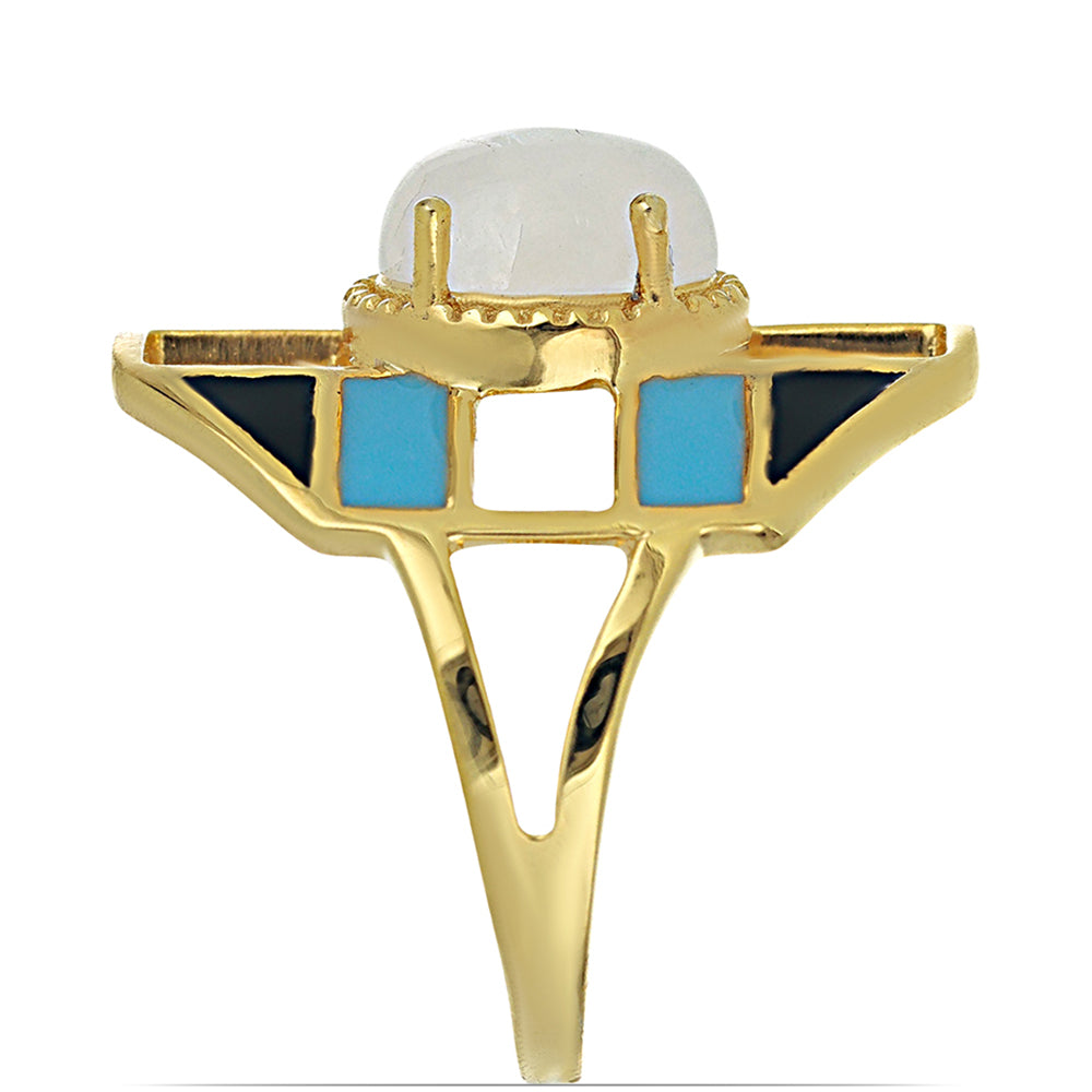 Anel de Prata com Banho de Ouro com Esmalte e Pedra da Lua Arco-íris  Contraste: Cabeca de Veado (800)
