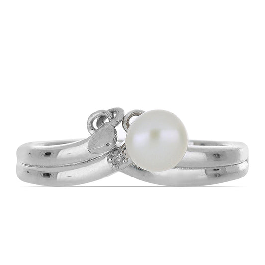 Anel de Prata com Diamante Branco e Pérola Branca de Água Doce  Contraste: Cabeca de Veado (800)