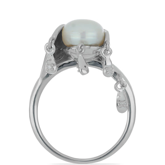 Anel de Prata com Diamante Branco e Pérola Branca de Água Doce  Contraste: Cabeca de Veado (800)