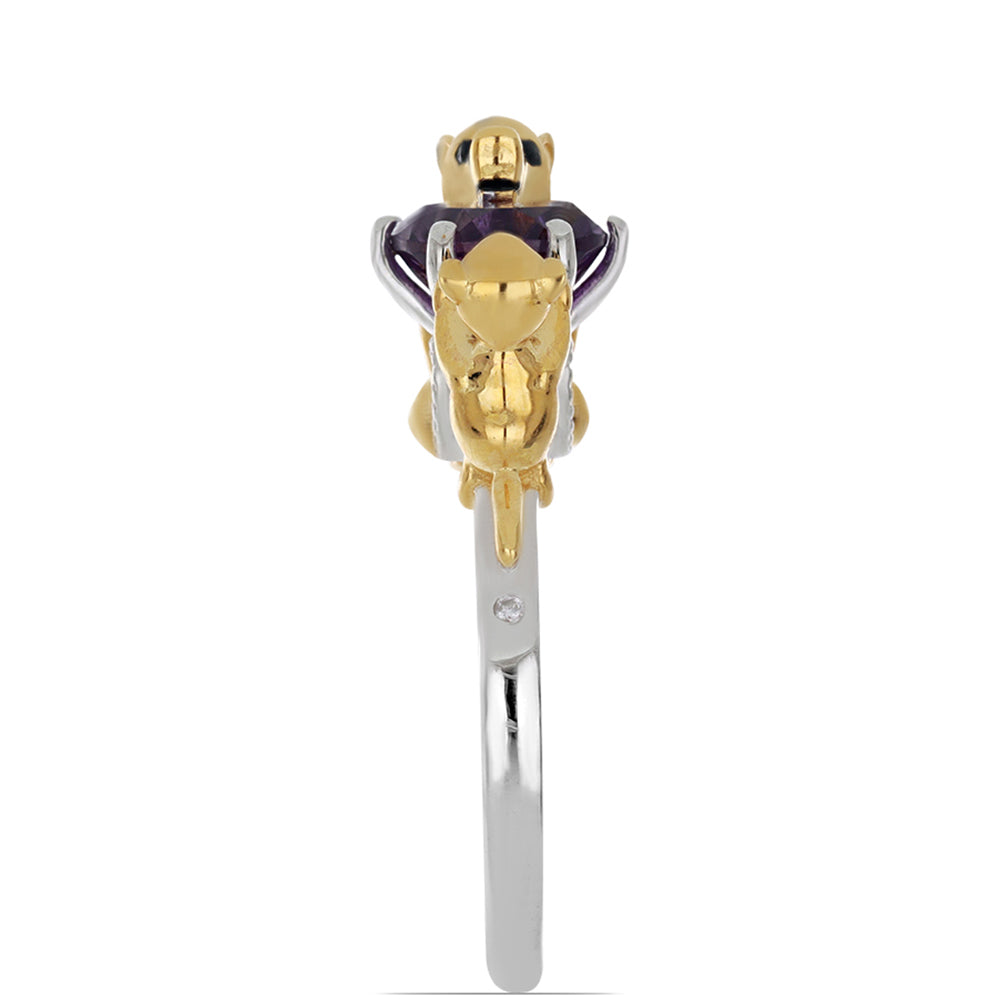 Anel de Prata com Banho de Ouro com Ametista de Marrocos e Diamante Branco  Contraste: Cabeca de Veado (800)