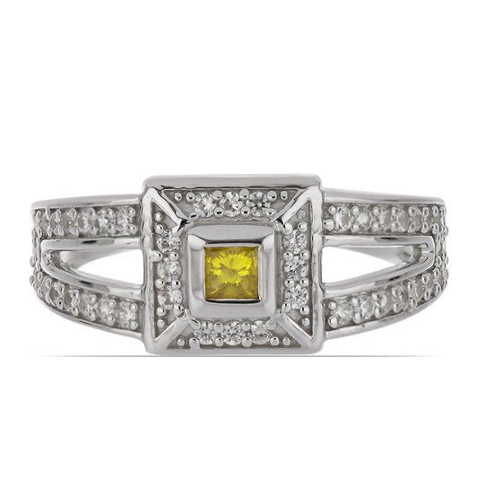 Anel de Prata com Diamante Amarelo e Zircão Branco  Contraste: Cabeca de Veado (800)