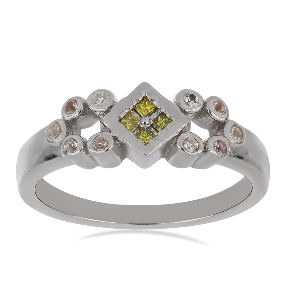 Anel de Prata com Diamante Amarelo e Zircão Branco  Contraste: Cabeca de Veado (800) 3 