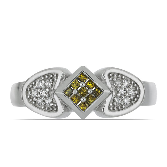 Anel de Prata com Diamante Amarelo e Zircão Branco  Contraste: Cabeca de Veado (800)