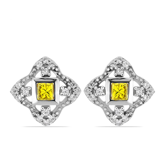 Brincos de Prata com Diamante Amarelo e Zircão Branco