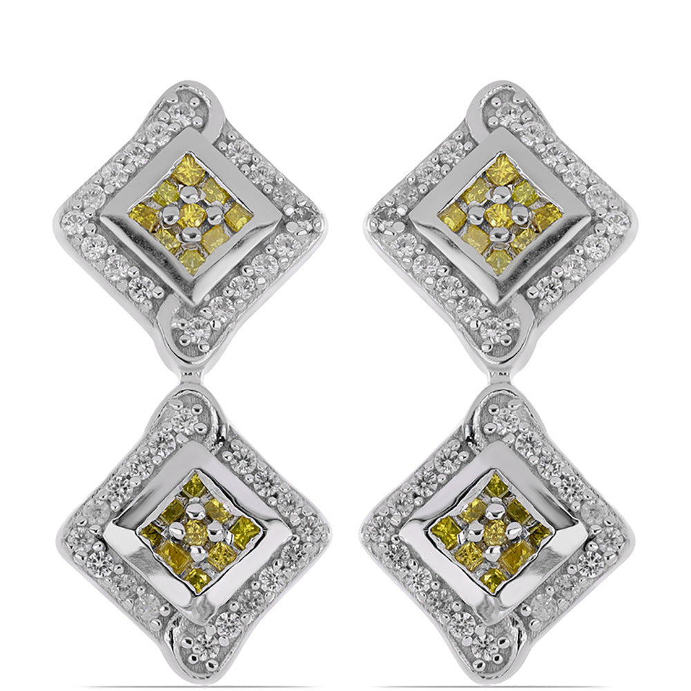 Brincos de Prata com Diamante Amarelo e Zircão Branco  Contraste: Cabeca de Veado (800)