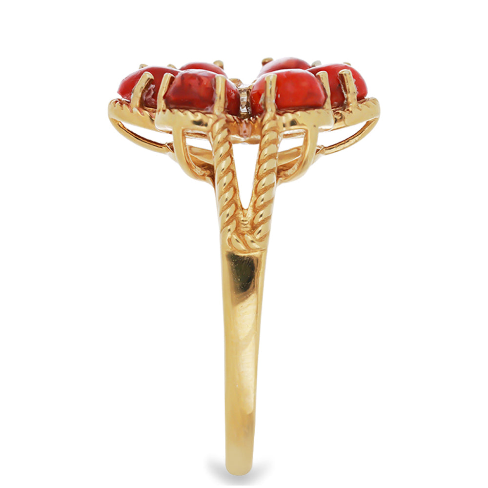 Anel de Prata com Banho de Ouro com Coral Esponja Vermelha e Topázio Branco  Contraste: Cabeca de Veado (800)