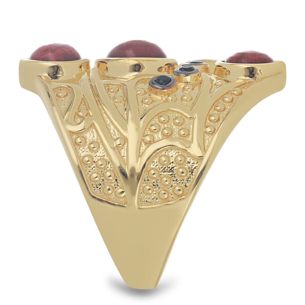 Anel de Prata com Banho de Ouro com Jaspe Vermelho e Espinela Preta de Gorno Badakhshan  Contraste: Cabeca de Veado (800)