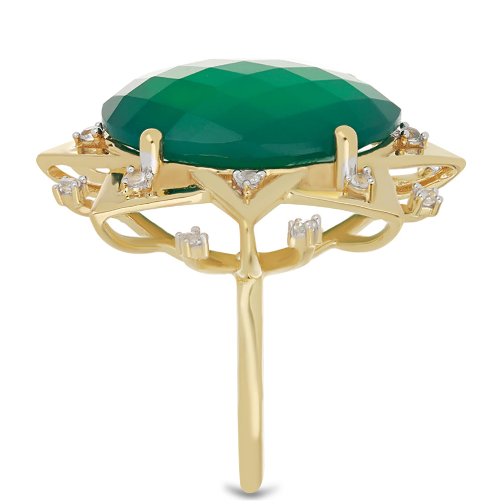 Anel de Prata com Banho de Ouro com Ágata Verde e Topázio Branco  Contraste: Cabeca de Veado (800)