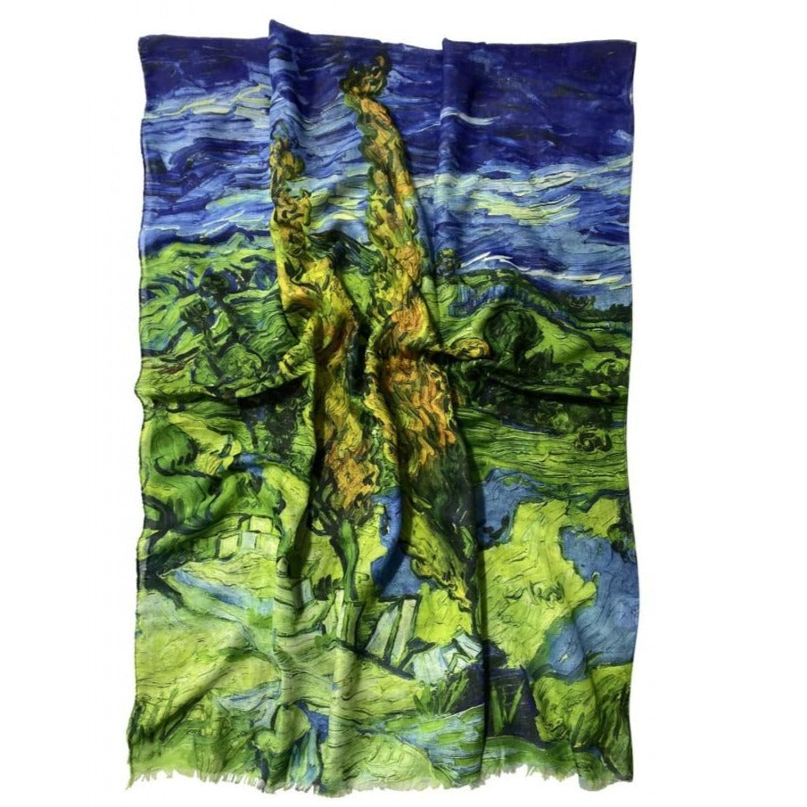 Xaile de algodão, 70 cm x 180 cm, com padrão de Van Gogh - 2 Ciprestes
